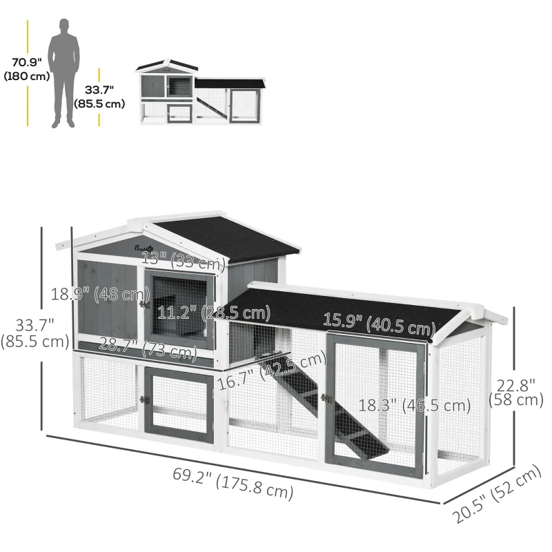 PawHut 69"L Wooden Rabbit Hutch Pet Playpen Bunny House Enclosure with Run Box, Slide-out Tray, Ramp, White