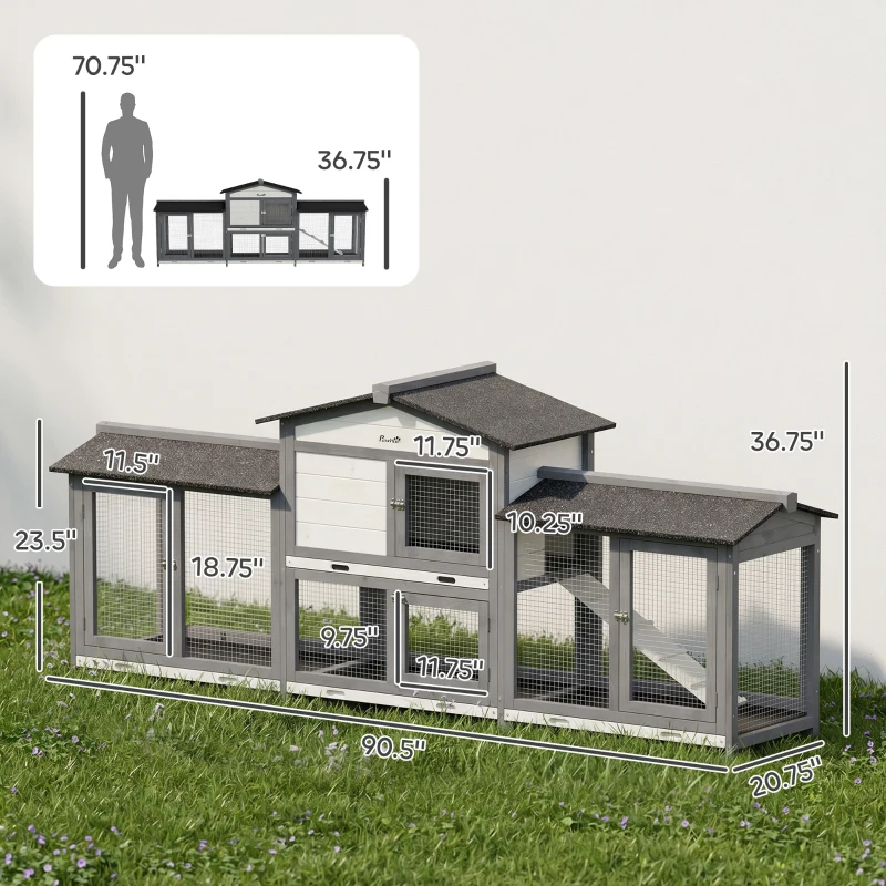 PawHut 90.5" Wooden Rabbit Hutch Bunny Cage Pet Playpen House Enclosure with Double Side Run Boxes, No Leak Tray, Ramp, for Rabbits, Chickens, Ducks, Guinea Pig and Small Animals, Light Gray
