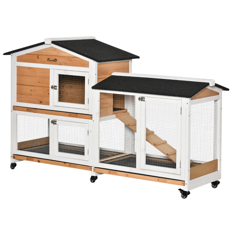 PawHut 62" Wooden Rabbit Hutch with Wheels, Run Box, Tray, Ramp for Small Animals, Guinea Pig, Indoor Outdoor Use, Yellow
