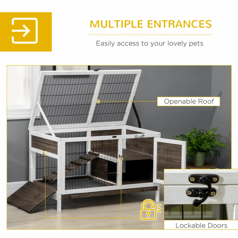 PawHut Rabbit Hutch Dual-Height Design Bunny House with Run Slide-Out Tray White and Coffee