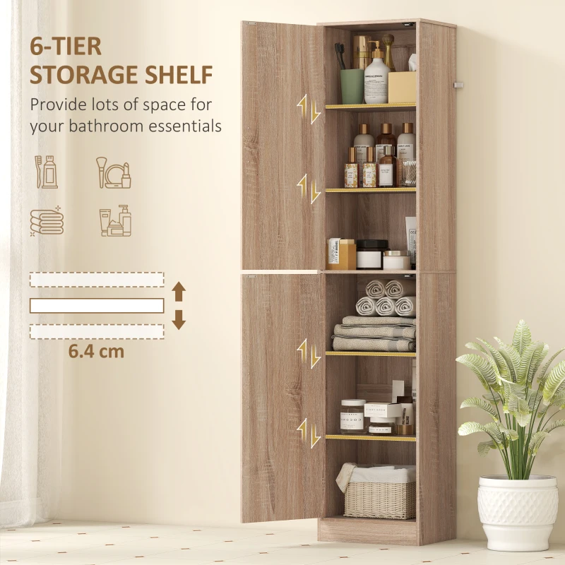 HOMCOM Tall Bathroom Cabinet, Slim 6-Tier Bathroom Floor Cabinet with 2 Doors and 4 Adjustable Shelves, Natural Wood
