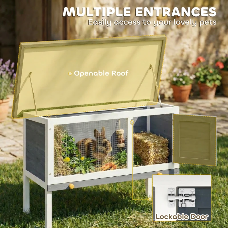 PawHut Wooden Rabbit Hutch, Guinea Pig Hutch with Asphalt Roof, Outdoor Elevated Bunny House for Rabbits, Chinchillas