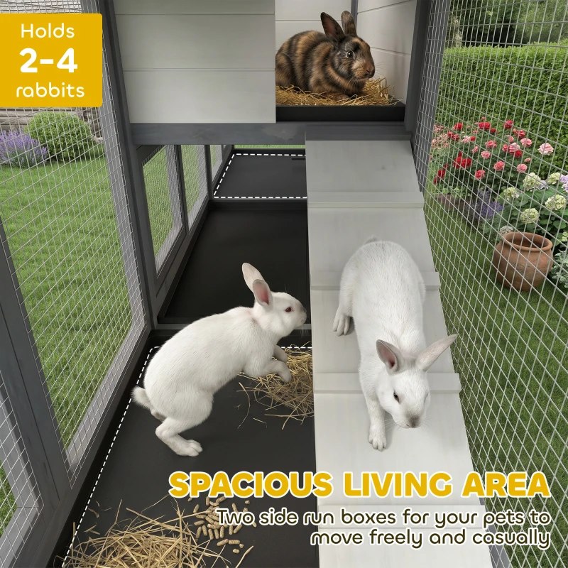 PawHut 90.5" Wooden Rabbit Hutch Bunny Cage Pet Playpen House Enclosure with Double Side Run Boxes, No Leak Tray, Ramp, for Rabbits, Chickens, Ducks, Guinea Pig and Small Animals, Light Gray