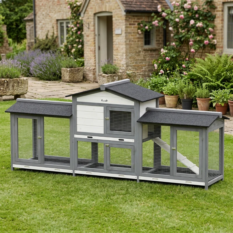 PawHut 90.5" Wooden Rabbit Hutch Bunny Cage Pet Playpen House Enclosure with Double Side Run Boxes, No Leak Tray, Ramp, for Rabbits, Chickens, Ducks, Guinea Pig and Small Animals, Light Gray