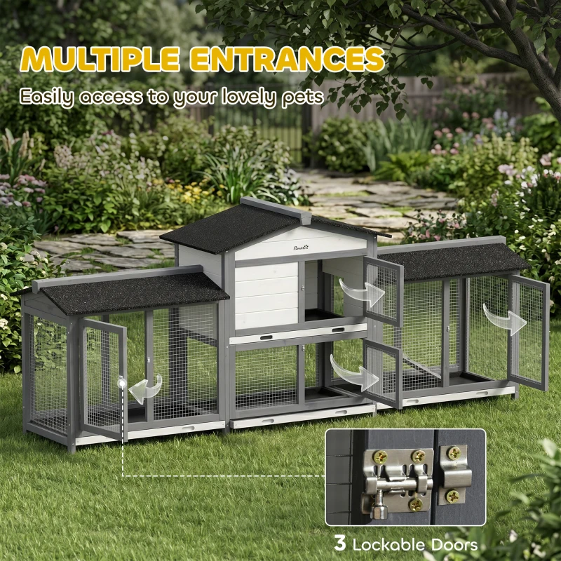 PawHut 90.5" Wooden Rabbit Hutch Bunny Cage Pet Playpen House Enclosure with Double Side Run Boxes, No Leak Tray, Ramp, for Rabbits, Chickens, Ducks, Guinea Pig and Small Animals, Light Gray
