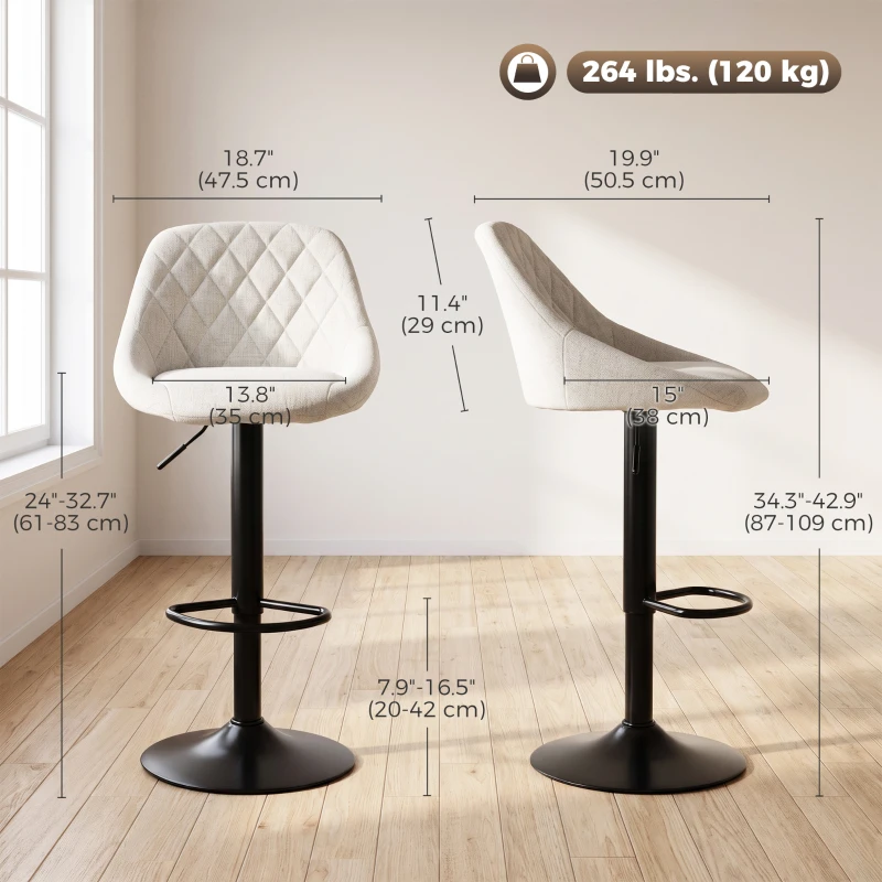 HOMCOM Bar Stools Set of 3, Swivel Counter Height Bar Stools with Back, Adjustable Linen-Look Bar Chairs, Off-White