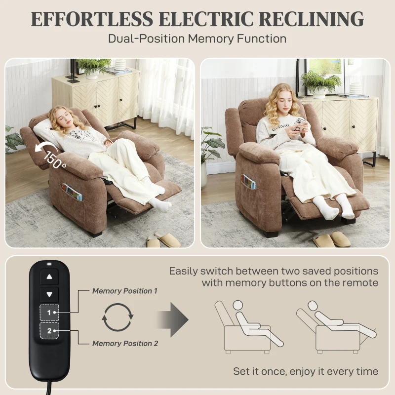 HOMCOM Massage Recliner Chair, Power Recliner with Quiet Brushless Motor, Remote, Pockets, 2 Memory Positions, Brown