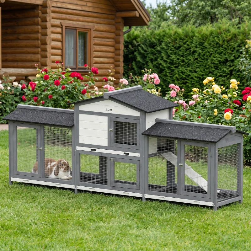 PawHut 90.5" Wooden Rabbit Hutch Bunny Cage Pet Playpen House Enclosure with Double Side Run Boxes, No Leak Tray, Ramp, for Rabbits, Chickens, Ducks, Guinea Pig and Small Animals, Light Gray