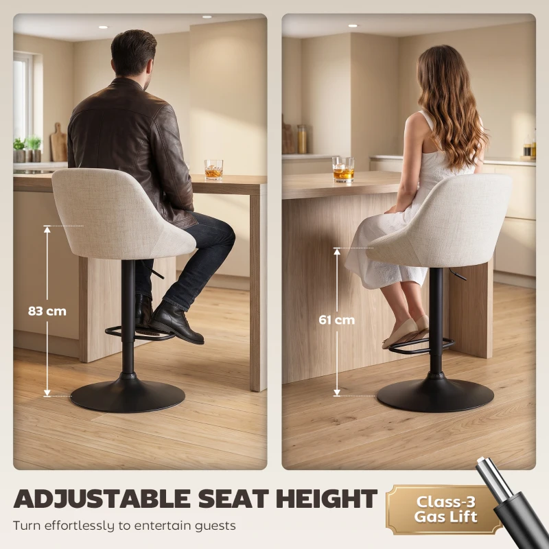 HOMCOM Bar Stools Set of 3, Swivel Counter Height Bar Stools with Back, Adjustable Linen-Look Bar Chairs, Off-White