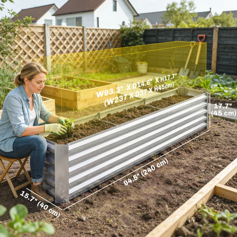 Outsunny 8' x 1.3' x 1.5' Galvanized Raised Bed, Large Elevated Planter Box for Growing Flowers, Herbs and Vegetables, Silver