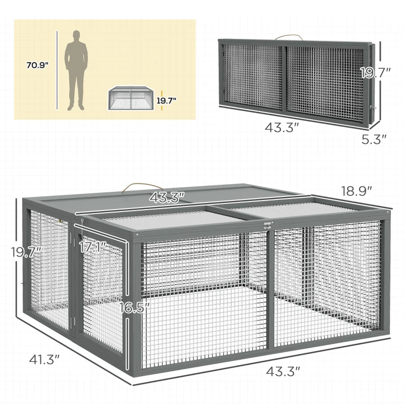 PawHut Wooden Folding Rabbit Hutch, for 2-3 Rabbits - Gray