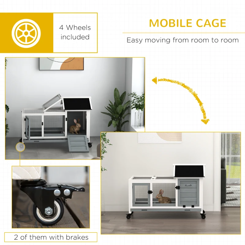 PawHut Rabbit Cage with Wheels, Ramp, Run, Tray for Indoor Outdoor, Suitable for Rabbit, Guinea Pig, Grey