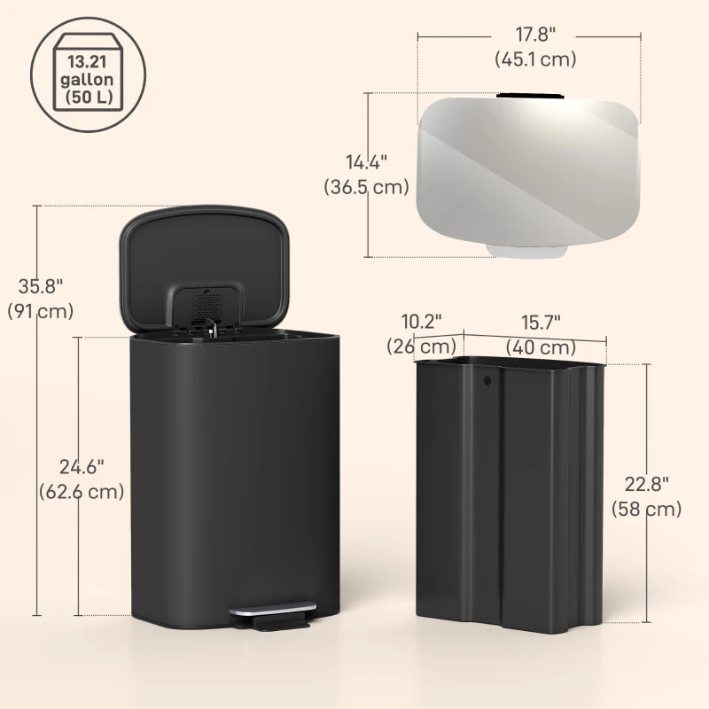 HOMCOM Fingerprint-proof Kitchen Trash Can, 13.2 Gallon Garbage Can with Soft-close Lid and Foot Pedal, Black