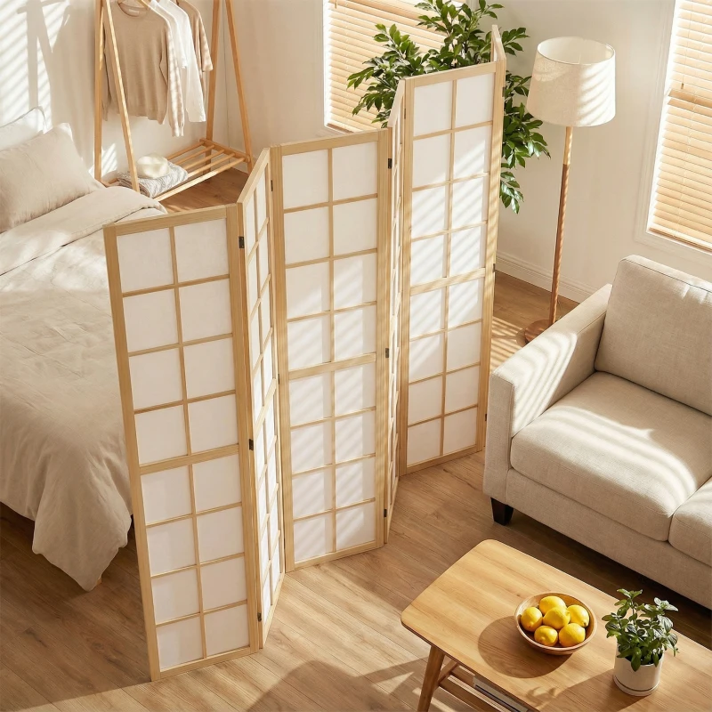 HOMCOM 6 Panel Room Divider, 5.6 ft Folding Wall Divider Room Partition for Home Office, Bedroom, Living Room, Natural Wood