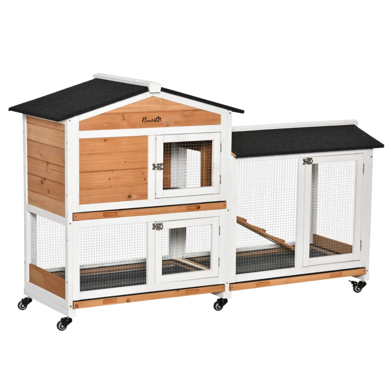 PawHut 62" Wooden Rabbit Hutch with Wheels, Run Box, Tray, Ramp for Small Animals, Guinea Pig, Indoor Outdoor Use, Yellow
