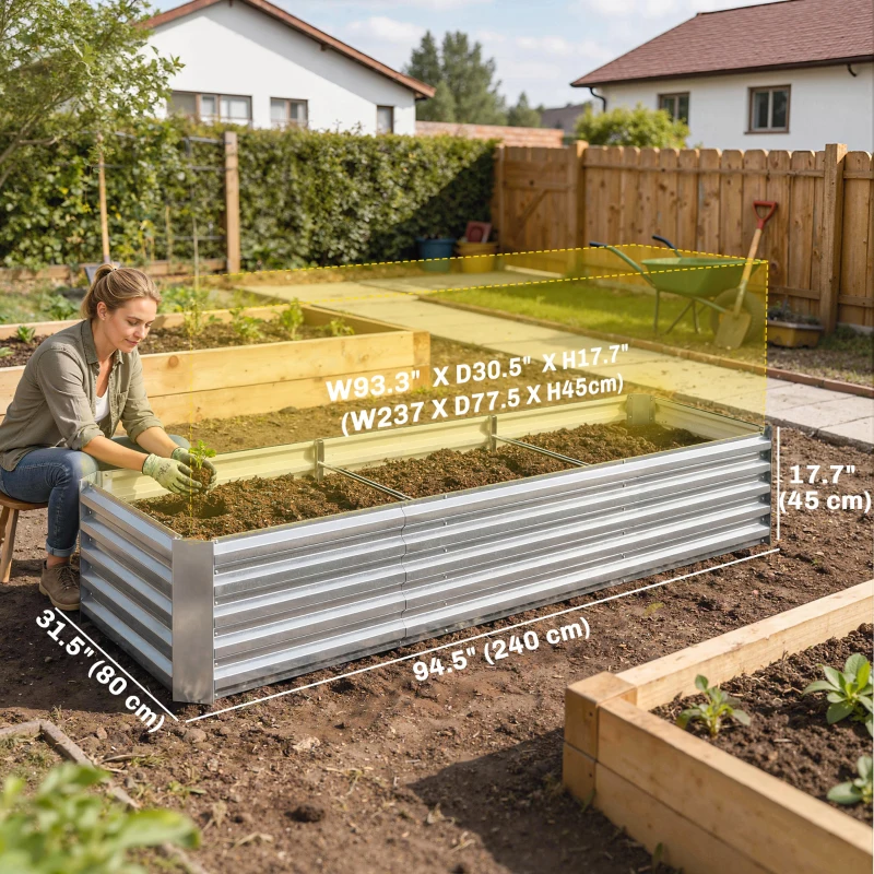 Outsunny 8'x2.6'x1.5' Galvanized Raised Bed, Large Elevated Planter Box for Growing Flowers, Herbs and Vegetables, Silver