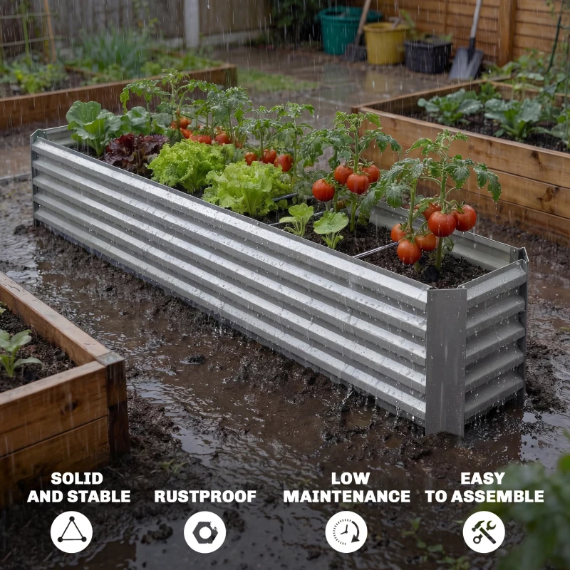 Outsunny 8' x 1.3' x 1.5' Galvanized Raised Bed, Large Elevated Planter Box for Growing Flowers, Herbs and Vegetables, Silver