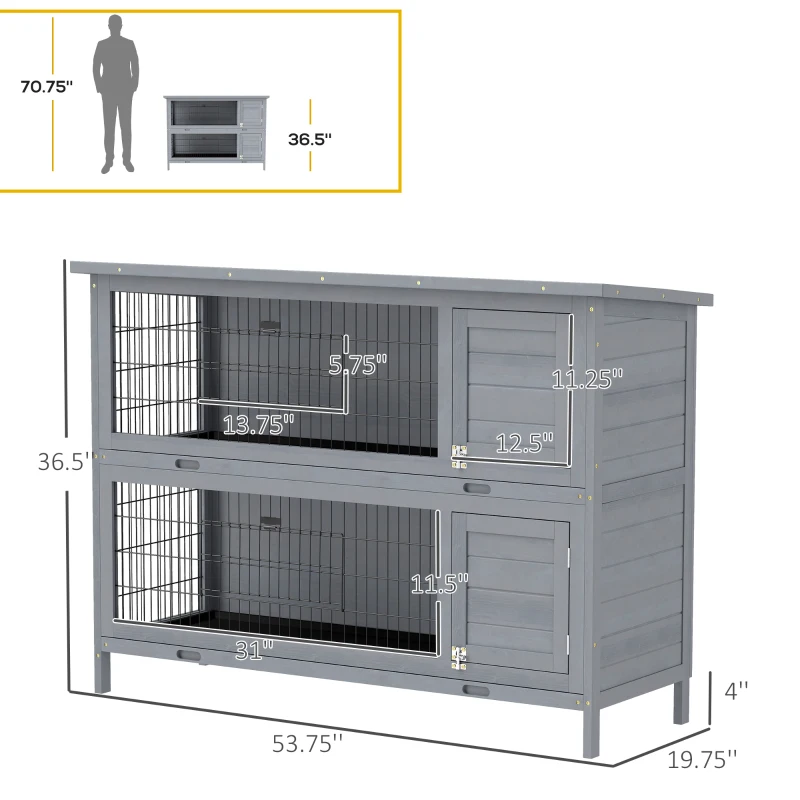 PawHut 54" 2-Story Large Rabbit Hutch Bunny Cage Wooden Pet House Small Animal Habitat Lockable Doors, Tray, Roof, Gray