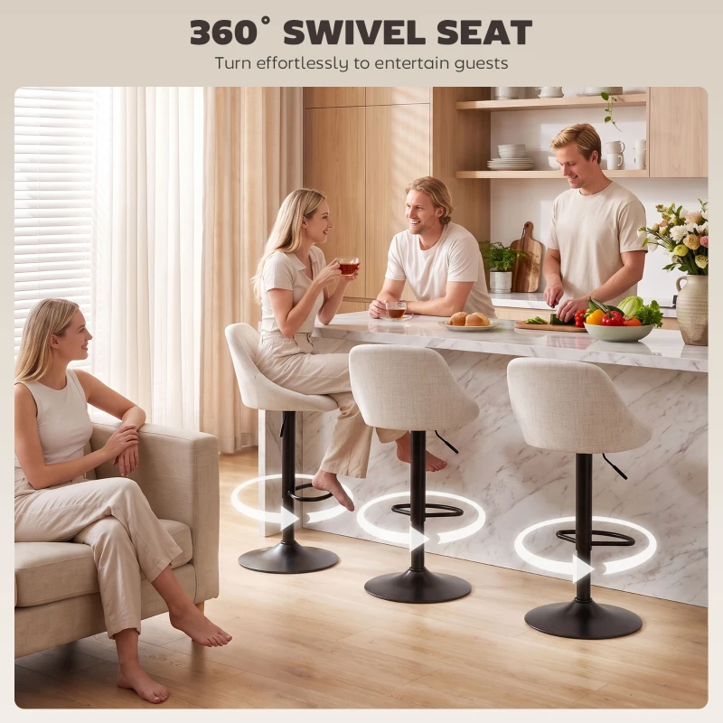 HOMCOM Bar Stools Set of 3, Swivel Counter Height Bar Stools with Back, Adjustable Linen-Look Bar Chairs, Off-White