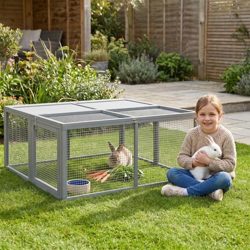 PawHut Wooden Folding Rabbit Hutch, for 2-3 Rabbits - Gray