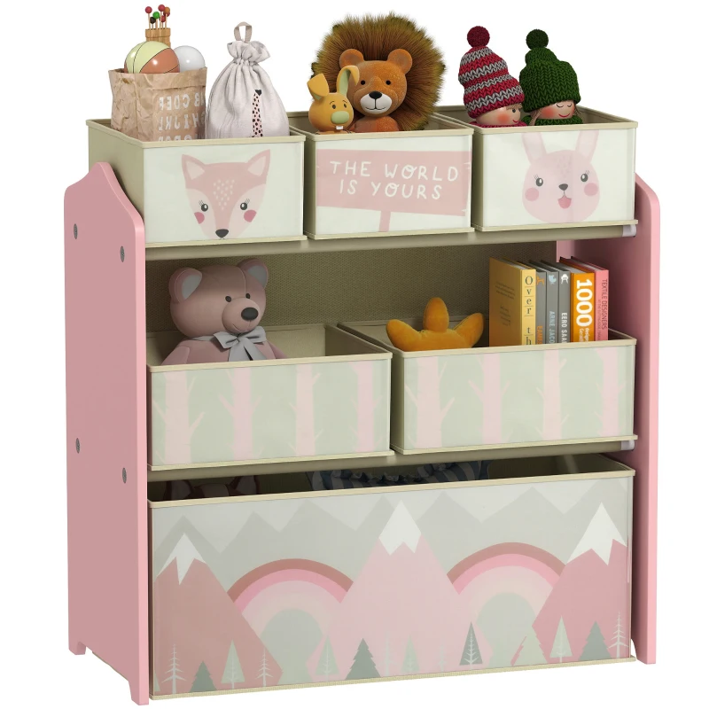 Qaba Toy Organizer with 6 Storage Bins, 25" x 12" x 26", Pink Print