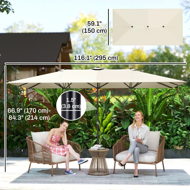 Outsunny Double-Sided Patio Umbrella Parasol with Tilt, Adjustable Height, Vents and 12 Ribs, for Garden, White