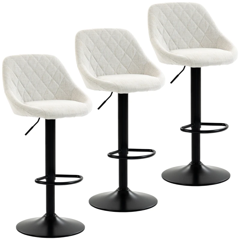 HOMCOM Bar Stools Set of 3, Swivel Counter Height Bar Stools with Back, Adjustable Linen-Look Bar Chairs, Off-White
