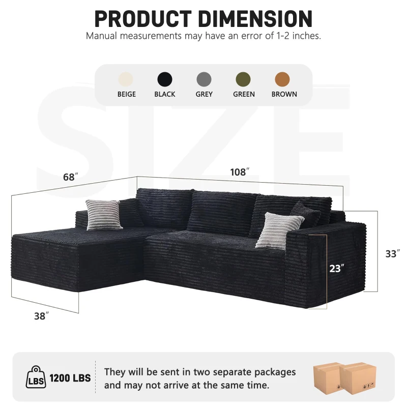 Cozy L-Shaped Compressed Sofa with 1400 lbs Weight Capacity and Cloud-Like Memory Foam, Spacious Couch for Big Families, 108"L x 68"W x 33"H, Black