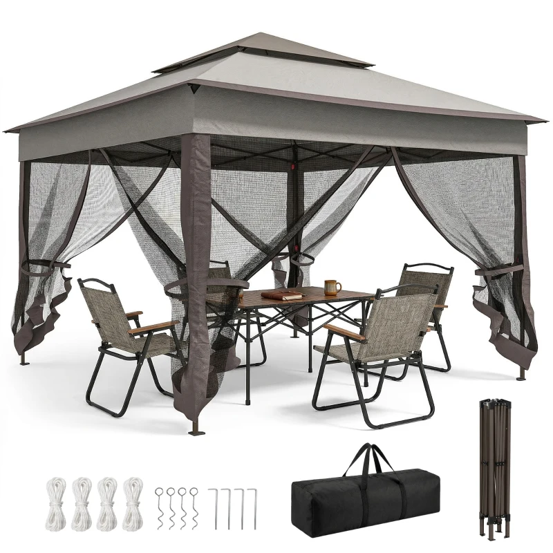 Outsunny 11' x 11' Pop Up Gazebo 2-Tier Soft Top Shelter Event Tent w/ Netting Carry Bag for Patio Backyard Garden, Mixed Grey