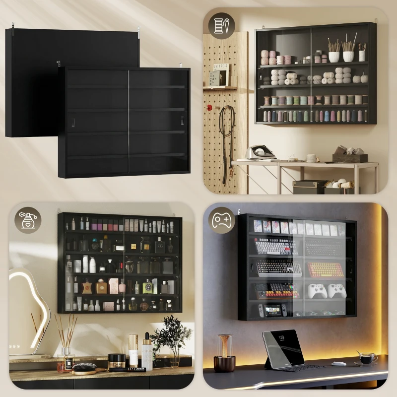 HOMCOM 5-Tier Display Cabinet, Wall-Mounted Display Case with 2 Glass Doors and Adjustable Shelves, Jet Black
