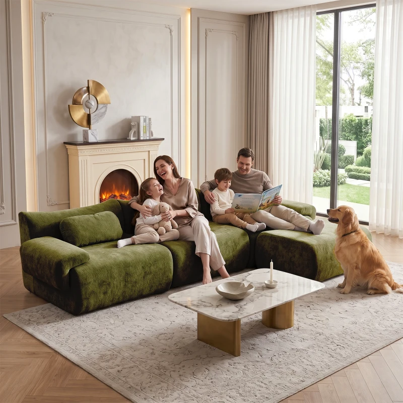 L-Shaped Compressed Sofa with High-Density Chenille Fabric and Supportive Backrests, Stylish Couch with Boneless Construction, 126"L x 68.5"W x 32"H, Green