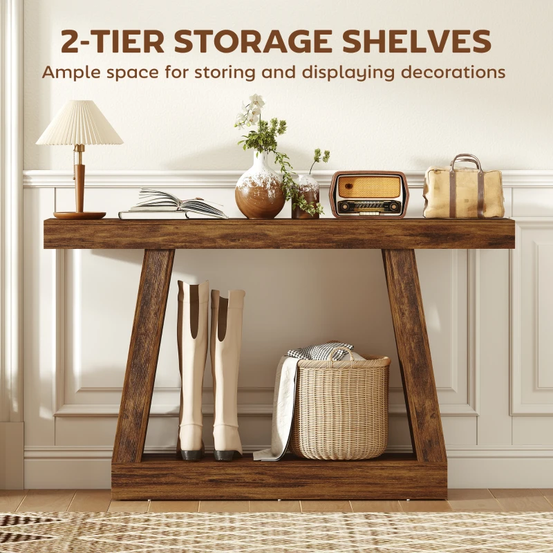 HOMCOM 55" Farmhouse Console Table, 2-Tier Entryway Table with Storage for Hallway, Living Room, Behind Couch, Rustic Brown
