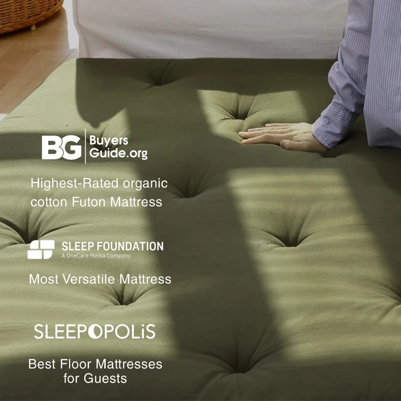 Comfortable 4-Inch Tatami Mattress with High-Resilience Foam, Breathable Floor Sleeping Pad for Bedrooms, 190.5L x 137W x 10H cm, Olive Green