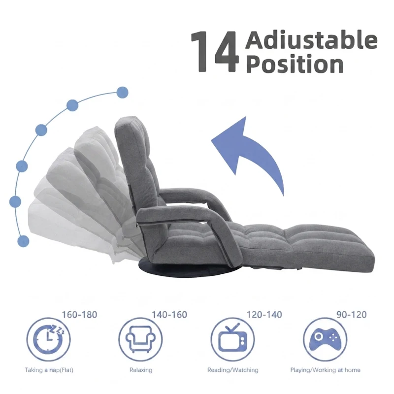 Swivel Gaming Chair with Adjustable Footrest, Ideal Floor Lounger for Living Room, Bedroom, or Gaming Setup, 20.5"L x 39.5"W x 26"H, Gray