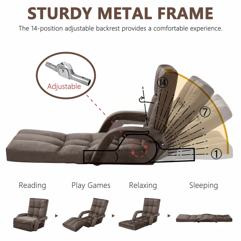 Folding Floor Chair with 14 Precision Adjustment Levels, Practical Floor Lounger for Reading, Gaming, or Relaxing, 20.5"L x 39.5"W x 25.5"H, Brown