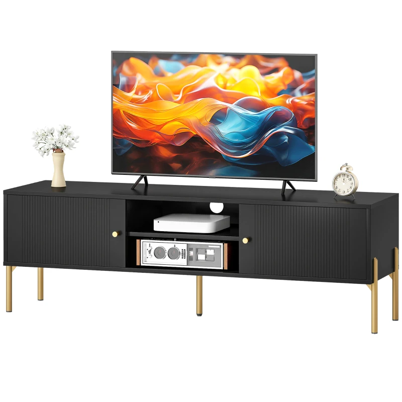 HOMCOM TV Stand for TVs up to 65", Entertainment Center with 2 Open Shelves, 2 Cabinets and Steel Legs for Living Room, Black