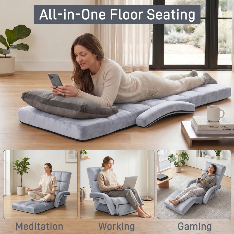 Folding Floor Chair with 14 Precision Adjustment Levels, Practical Floor Lounger for Reading, Gaming, or Relaxing, 20.5"L x 39.5"W x 25.5"H, Gray