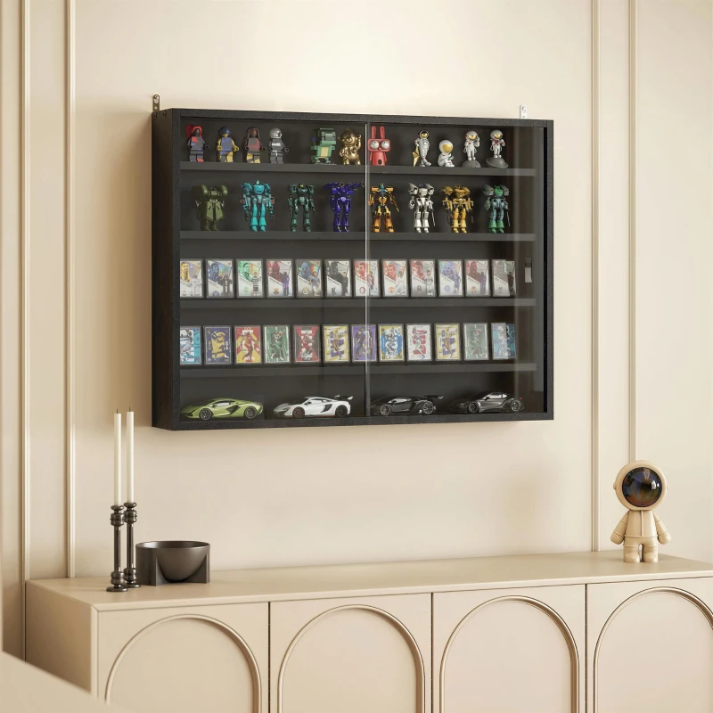 HOMCOM 5-Tier Display Cabinet, Wall-Mounted Display Case with 2 Glass Doors and Adjustable Shelves, Jet Black