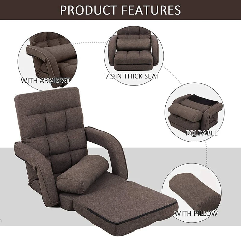 Cozy Floor Chair with 14 Adjustable Positions, Foldable Lazy Lounger for Home Offices and Gaming Rooms, 26.5"L x 22"W x 27"H, Brown