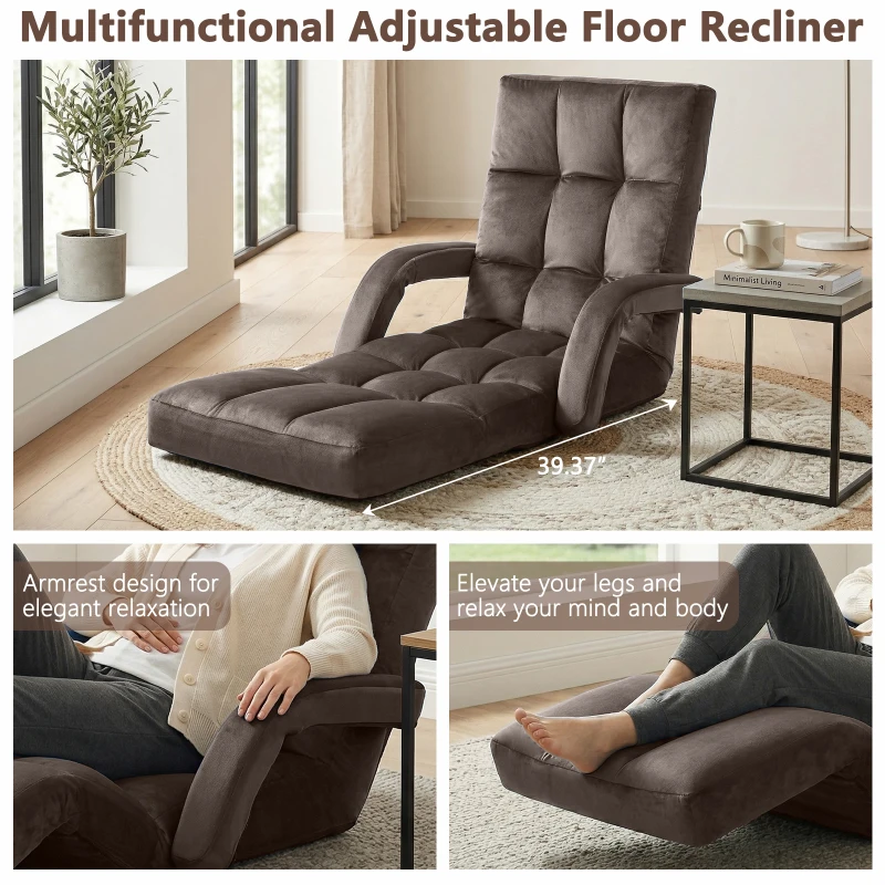 Folding Floor Chair with 14 Precision Adjustment Levels, Practical Floor Lounger for Reading, Gaming, or Relaxing, 20.5"L x 39.5"W x 25.5"H, Brown