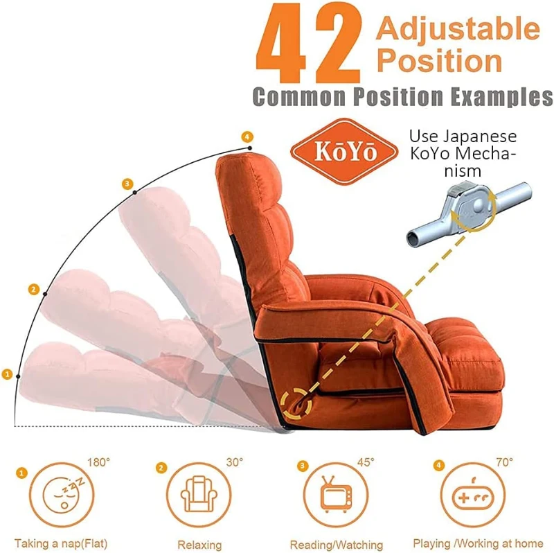 Cozy Floor Chair with 14 Adjustable Positions, Foldable Lazy Lounger for Home Offices and Gaming Rooms, 26.5"L x 22"W x 27"H, Orange