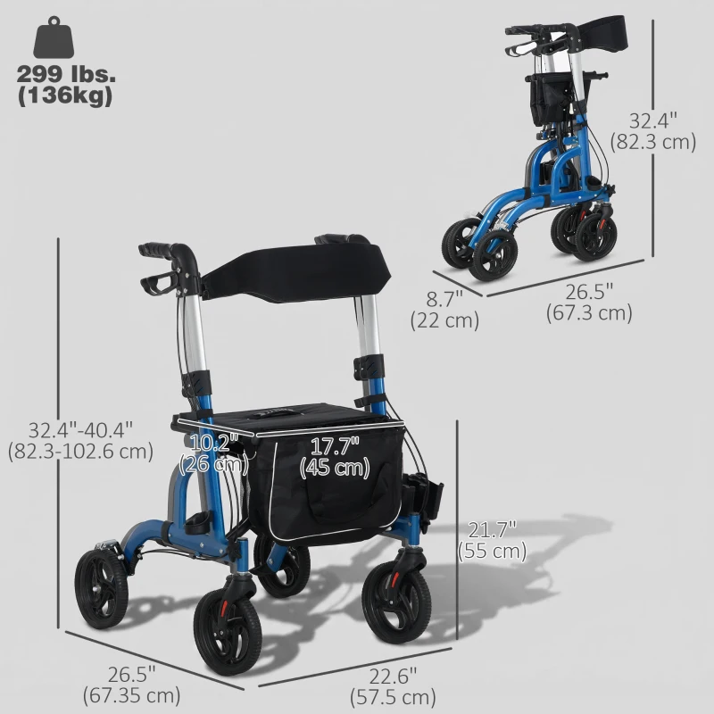 HOMCOM Rollator Walker for Seniors and Adults with 8'' Wheels, Padded Seat and Backrest,  Storage Bag Blue