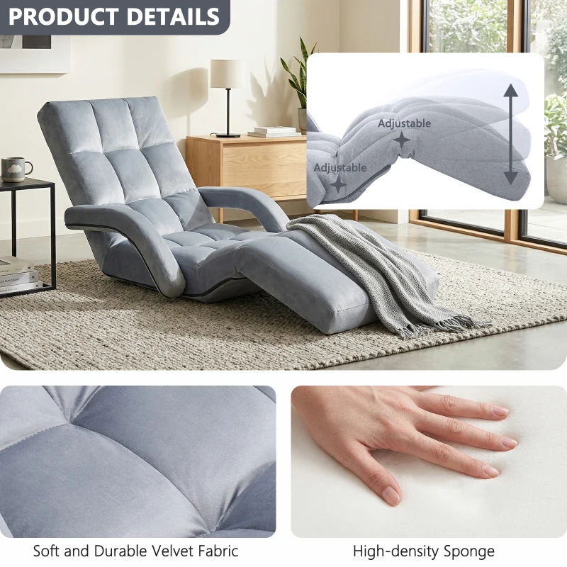 Folding Floor Chair with 14 Precision Adjustment Levels, Practical Floor Lounger for Reading, Gaming, or Relaxing, 20.5"L x 39.5"W x 25.5"H, Gray