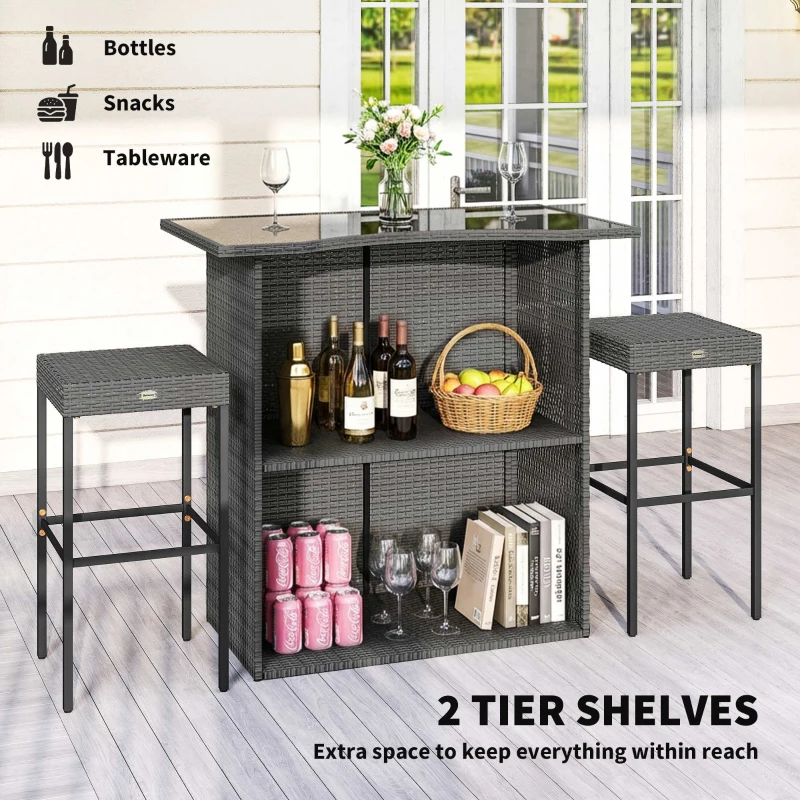 Outsunny 5 Piece Rattan Wicker Bar Set, High Top Outdoor Table and Chairs, Bar Height Patio Set, 2 Shelves & 4 Bar Stools, Gray