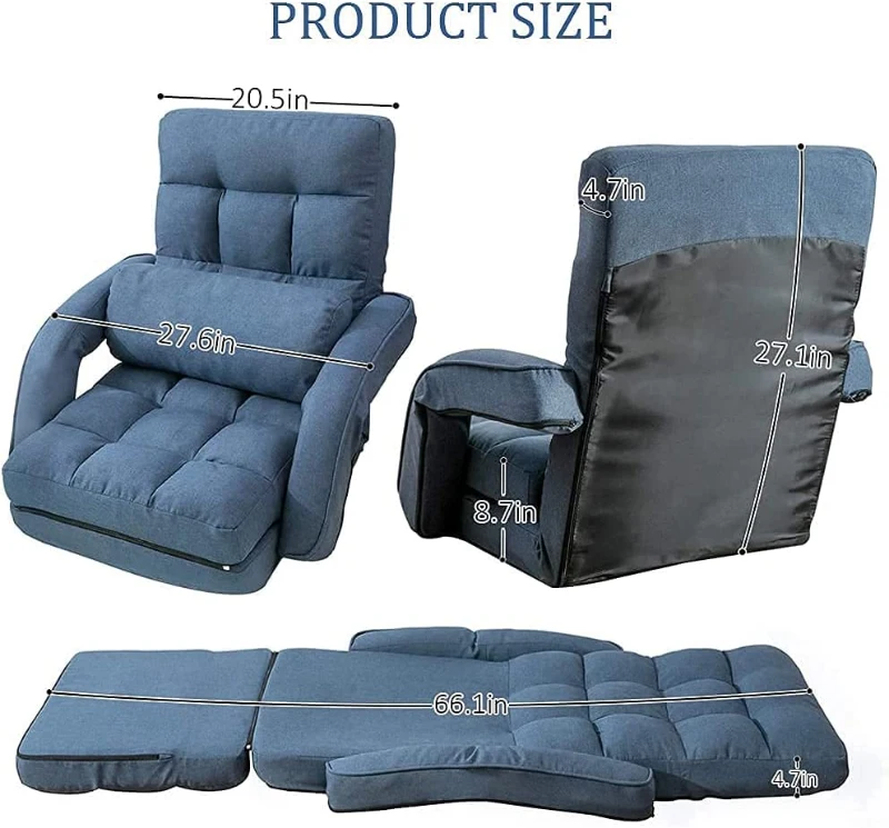 Cozy Floor Chair with 14 Adjustable Positions, Foldable Lazy Lounger for Home Offices and Gaming Rooms, 26.5"L x 22"W x 27"H, Blue