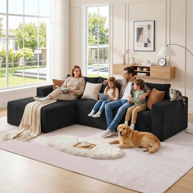 Cozy L-Shaped Compressed Sofa with 1400 lbs Weight Capacity and Cloud-Like Memory Foam, Spacious Couch for Big Families, 108"L x 68"W x 33"H, Black
