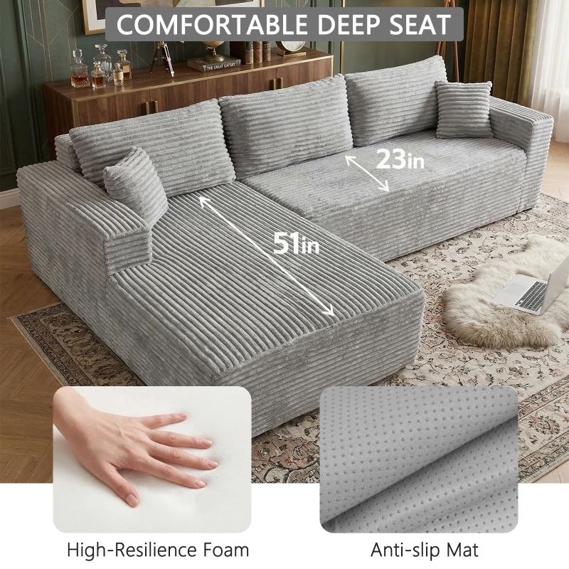 Cozy L-Shaped Compressed Sofa with 1400 lbs Weight Capacity and Cloud-Like Memory Foam, Spacious Couch for Big Families, 108"L x 68"W x 33"H, Gray