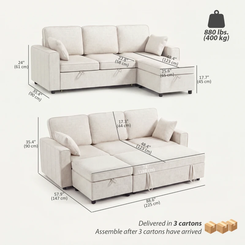 HOMCOM Modular Sectional Sofa Bed with Reversible Storage Ottoman, Pull Out Sleeper Sofa with Spring Cushion, Beige