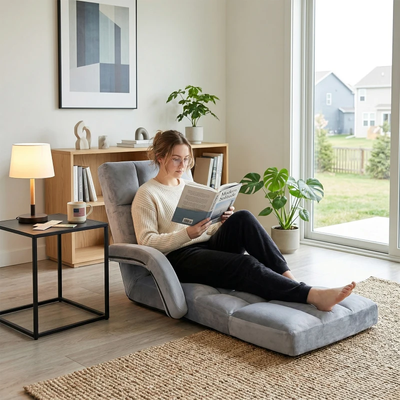 Folding Floor Chair with 14 Precision Adjustment Levels, Practical Floor Lounger for Reading, Gaming, or Relaxing, 20.5"L x 39.5"W x 25.5"H, Gray