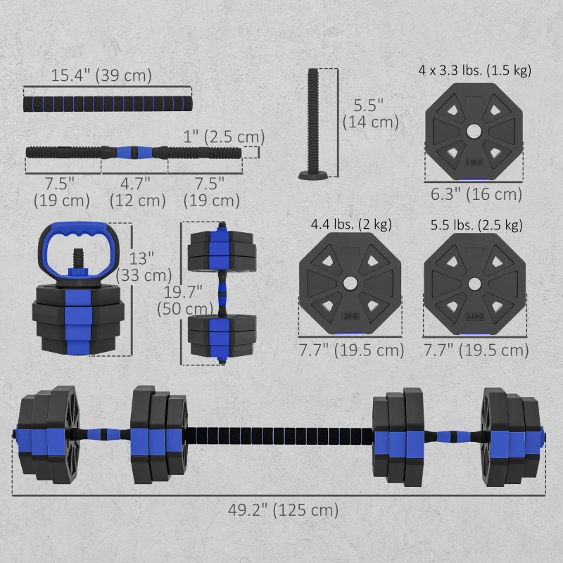 Soozier 6-in-1 Adjustable Dumbbell Set, Used as Kettlebell, Barbell, Dumbbell, Push-Up Stand, 55lbs Free Weights Set, Blue